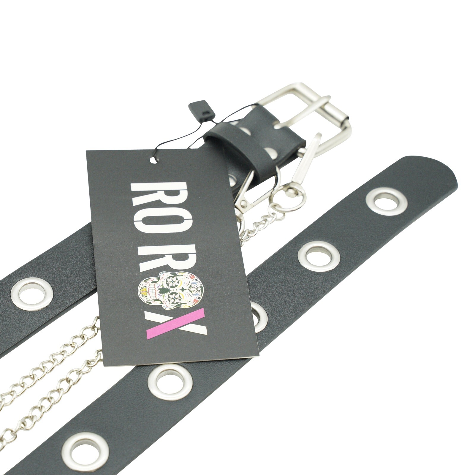 Ro Rox Hawk Belt Gothic Grunge Punk Large Eyelet PU with Square Buckle & Chain