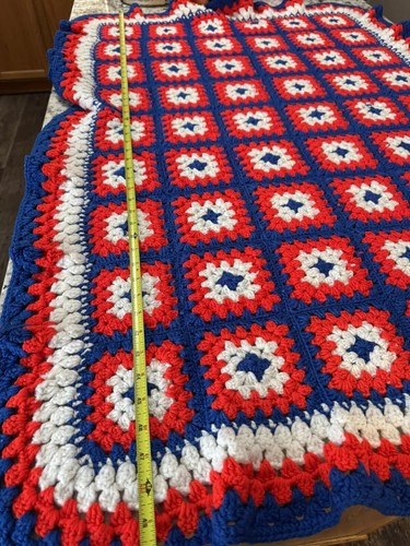 VTG Granny Square Multicolor Red/White/Blue Blanket Afghan 51x35 - 第 4/5 張圖片