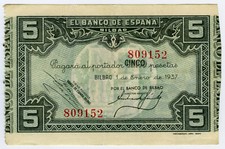 # SPAIN CIVIL WAR 1937 • 5 PTS. BILBAO • EUZKADI ☆ GUERRA CIVIL ESPAÑOLA  ☆D0611