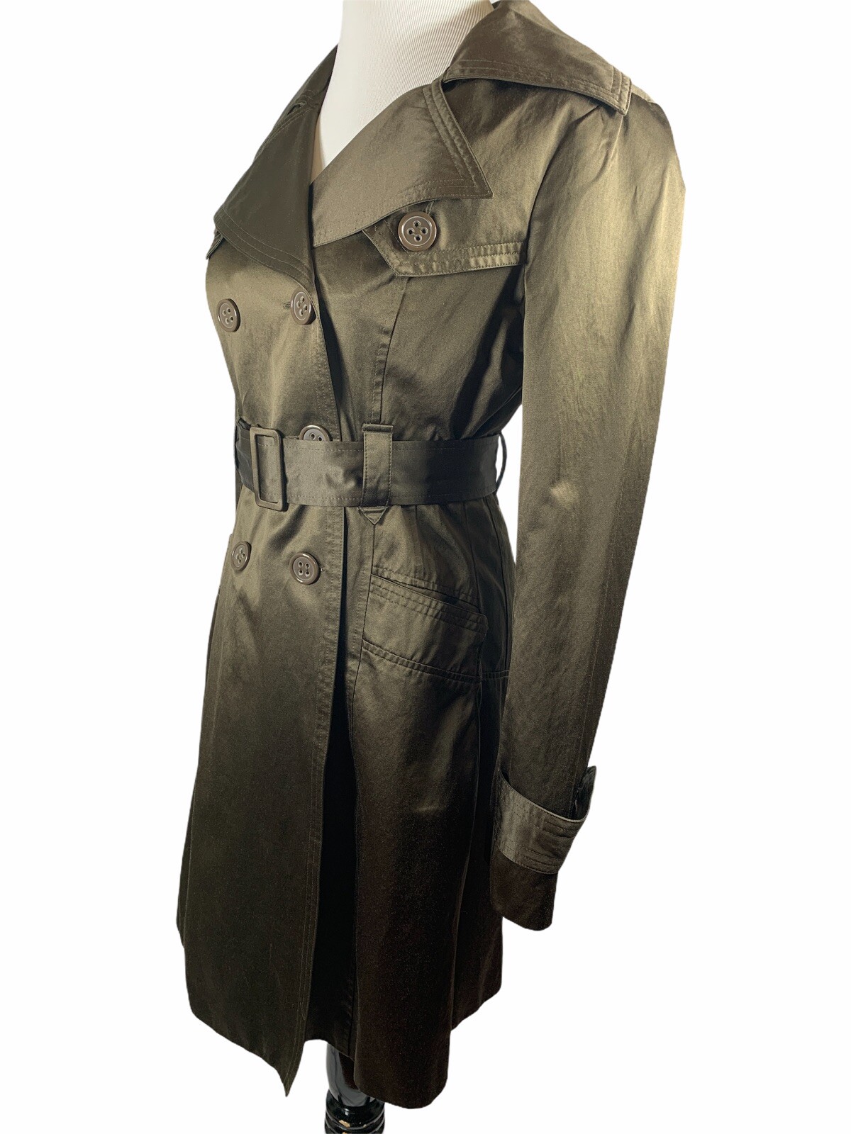 Bebe Trench Coat Jacket Satin Brown Belted Fitted Rai Gem Bebe Trench Coat Jacket Satin Brown Belted Fitted Rai Gem
