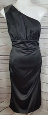 Vtg 90's Black Satin One Shoulder Ruched Studded Formal Dress Evening party Sz 8