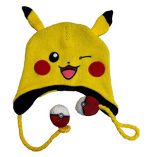 Pokemon Pikachu knit yellow hat with pokeball tassels kids 14 and older