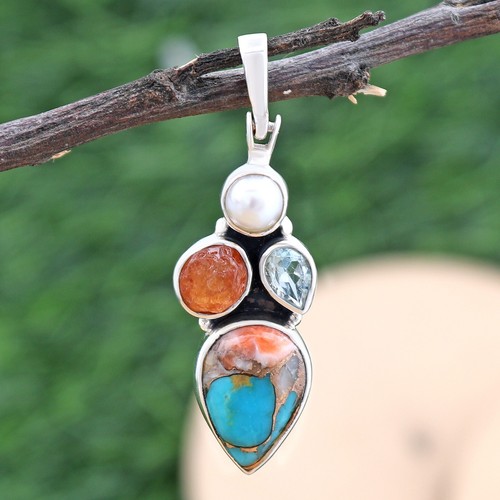 Natural Turquoise Spiny Oyster With Multistone Sterling Silver Handmade Pendant - Picture 3 of 6