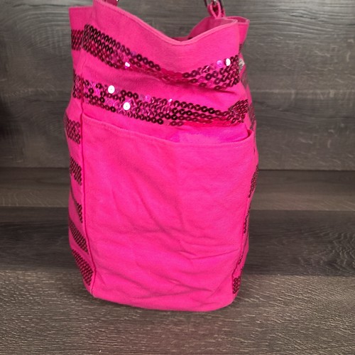 Damska torba na zakupy Victoria's Secret gorący róż cekinowa płócienna 13 cali kieszenie boczne - Zdjęcie 4 z 11