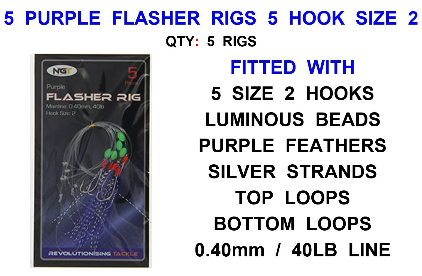 5 NGT PURPLE FLASHER RIGS 5 HOOK SIZE 2 SEA FISHING LURES MACKEREL COD FEATHERS