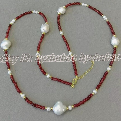 32" 2x4mm Faceted Red Ruby Gems Roundel White Keshi Baroque Pearl Beads Necklace - Picture 4 of 4