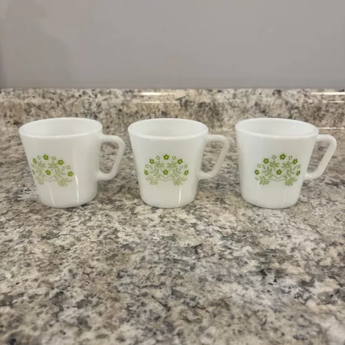 3 Vintage Milk Glass PYREX Coffee Cup or Mug Green Honeydew Summer Impression