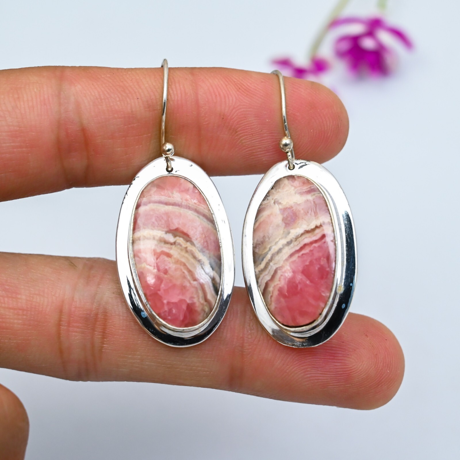 Rhodochrosite Sterling Silver Earrings Handmade Gift for Women