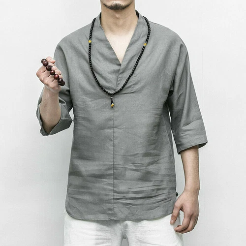 Herren Baumwolle Leinen Hemd V-Ausschnitt 3/4 Arm T-Shirt Oberteil Kung Fu Chinesisch Weiß Grau - Bild 5 von 16