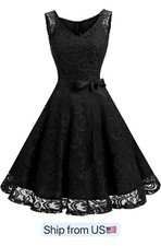Women V Neck Floral Lace Bridesmaid Party Dress Short Prom Dress Size S Black