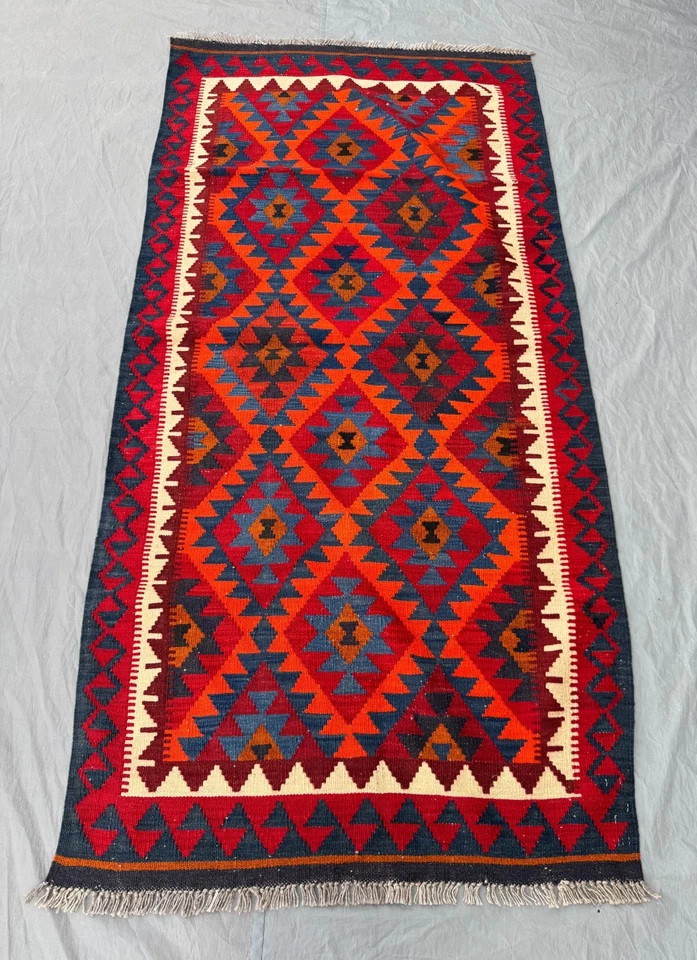 3x6 Vibrant Afghan Tribal Kilim – Bold Red & Blue Diamond Geometry – Handwoven - Image 4 of 4