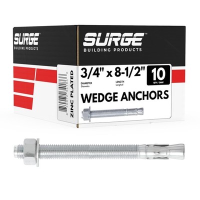 Zinc-Plated Wedge Anchors 3/4'' x 8-1/2'' for Concrete - Box of 10 Heavy-Duty
