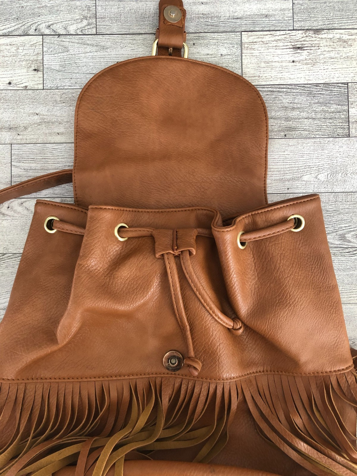 Faux Leather Brown Drawstring Backpack Handbag Fr… - image 5