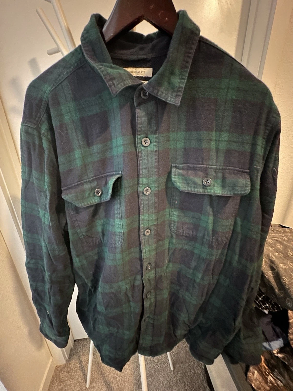 LL Bean Shirt Mens Large Green Plaid Flannel Traditional Fit Button 100% Cotton