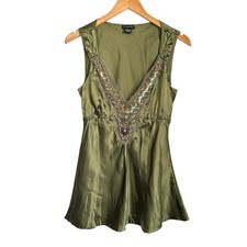 Vintage Y2K FANG Womens V Neck Beaded Tank Top Sz Medium Green Satin 90’s