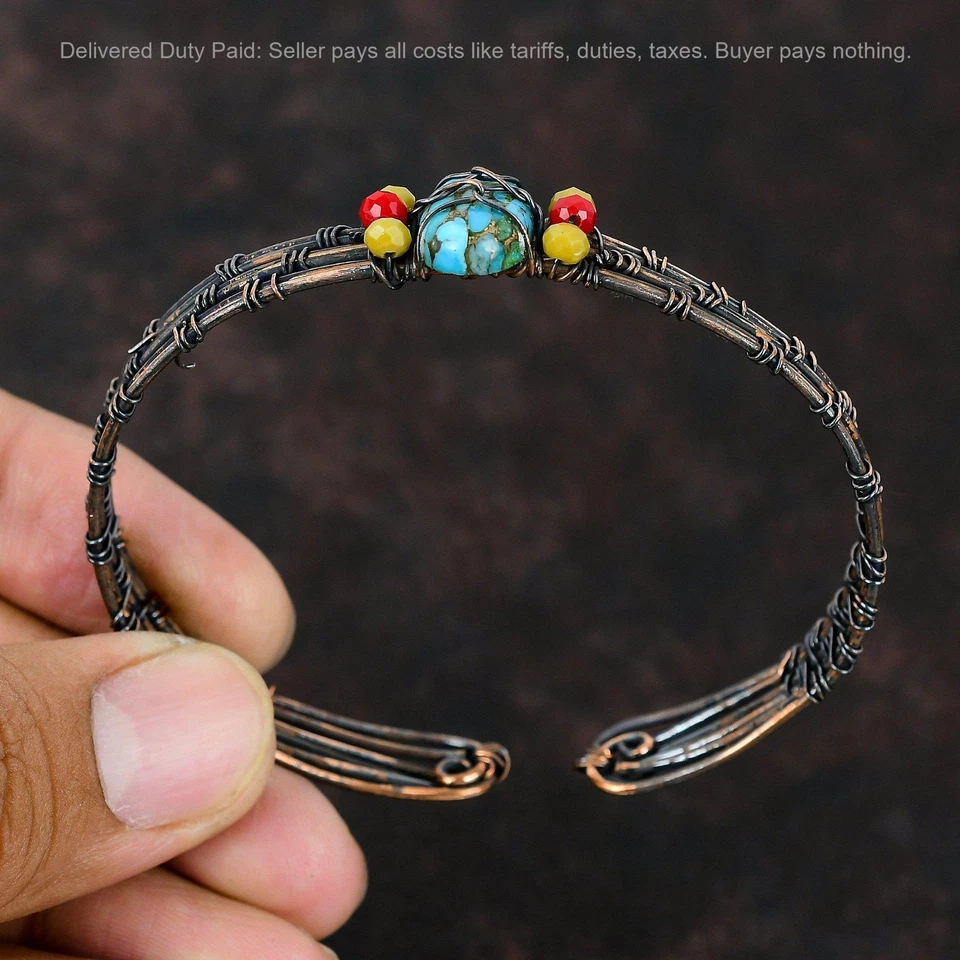 Brazalete Brazalete Cobre Azul Turquesa Piedra Amarillo Y Rojo Coral Cuentas Cobre Foto 3 de 4