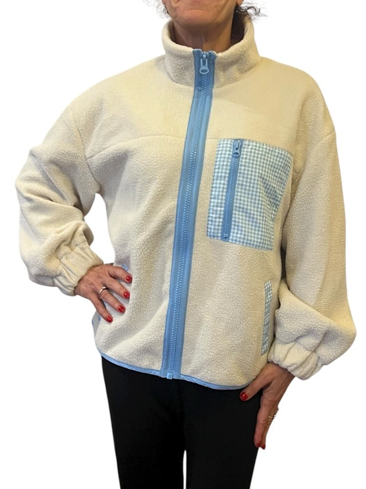 Women's Sandy Liang x Target  Sherpa Fleece Jacket Birch Blue Gingham Pocket L - Image 4 of 4
