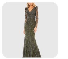 NEW $998 Mac Duggal [ 14 ] Embellished Puff Sleeve V Neck Gown Olive Green #Q645
