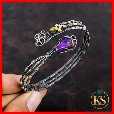 Copper Throat Chakra Natural Copper Purple Turquoise Wire Wrapped Bangle Cuff - Image 1 of 4
