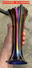 NORTHWOOD RADIUM ELECTRIC BLUE CARNIVAL GLASS FOUR PILLARS VASE STUNNING!!!!