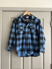 VTG Pendleton High Grade Western Wear Wool Pearl Snap Blue Plaid USA Med