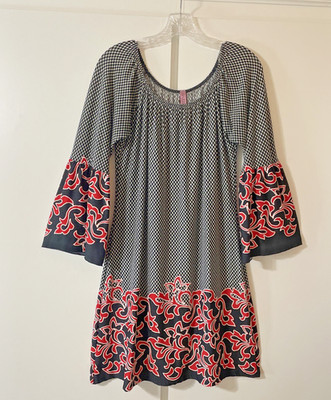 DAZZLE UP Women's MEDIUM Pullover Shift DRESS Bell Sleeves BLACK Red Made in USA