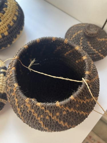 Set of 3 Handwoven Lidded Baskets- Native American Style Tribal Design, Boho - Picture 8 of 11