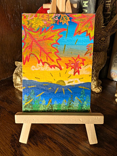 Original ACEO Acrylic Marker Art Turning Point Autumn Leaves Sunset Landscape