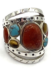 Sterling Silber / 925 Koralle Türkis Tigerauge breiter Bandring Größe 6