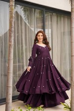 Womens Wear Faux Georgette Wine Full-Flair Gown Set in Heavy Embroidered Work