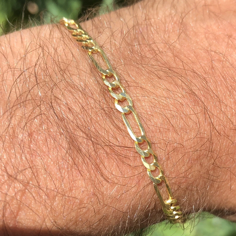 Solid 1/20 14K Yellow Gold Real Figaro Link Bracelet 3mm 7.5 Inch Mens Womens - Image 4 of 4
