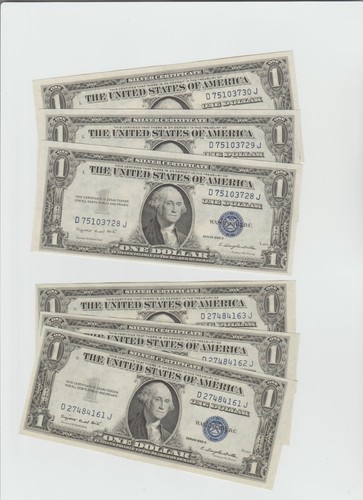 6 Scheine 1935 G (3 mit Motto & 3 ohne Motto) One Dollar Silber Zertifikat