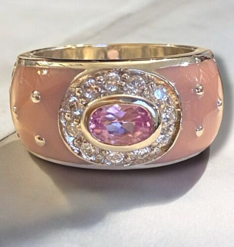 VINTAGE Estate Sterling Silver 925 PINK ENAMEL 10mm Wide Dome Ring Size 6 - Picture 4 of 15