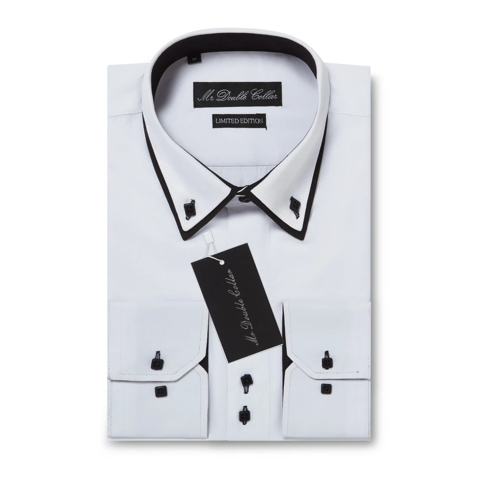 Hommes Smart Noir Chemise Avec Col Blanc Smart Décontracté Habillé Manche Longue - Photo 1/1