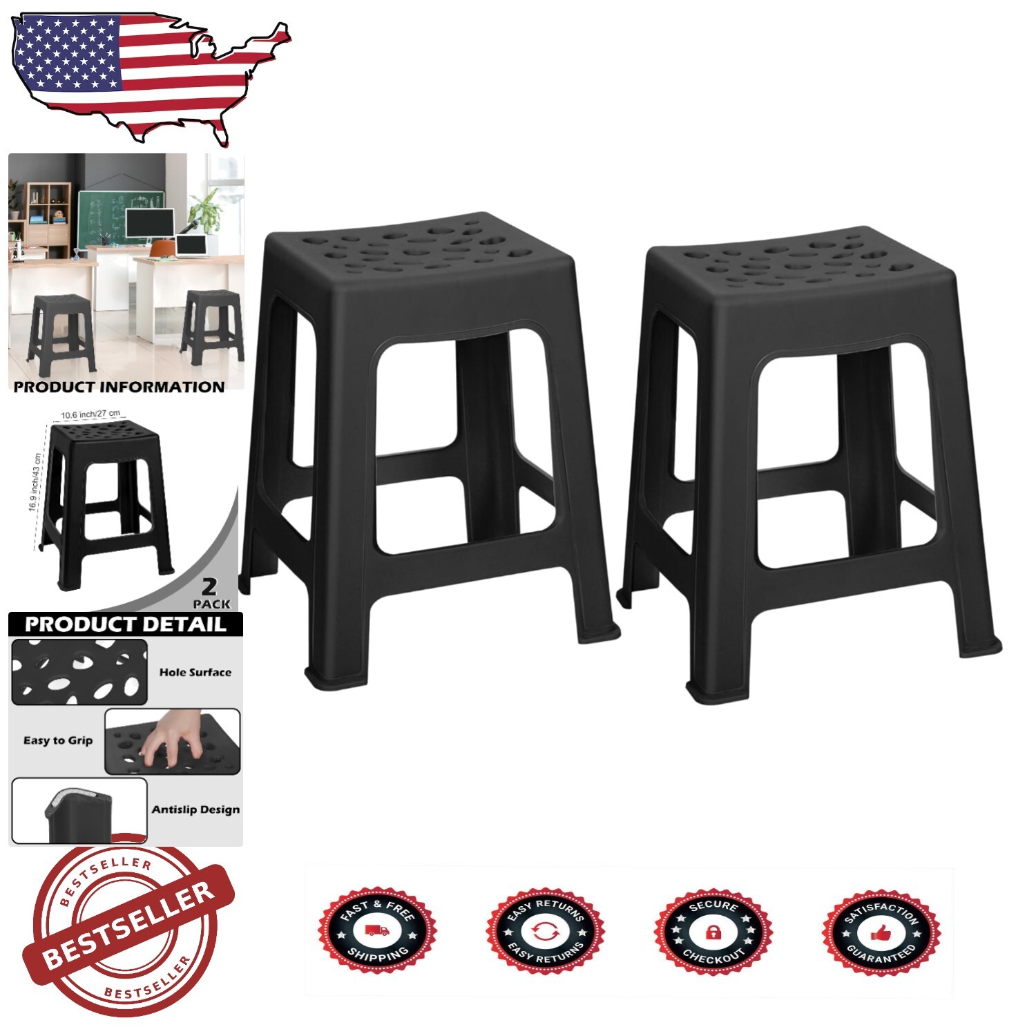 2-Pack Stackable Black Plastic Stools for Indoor Outdoor Use  