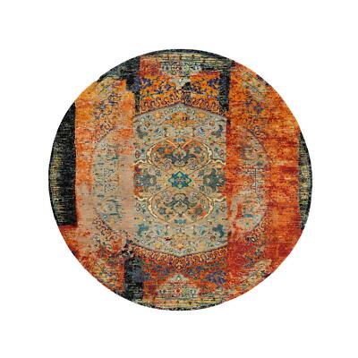6'1''x6'1'' Orange Ancient Ottoman Erased Design Wool Handknotted Round Rug R65913