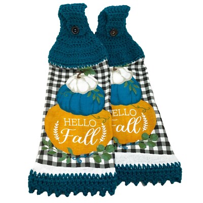 Hello Fall Pumpkin Stack Hanging Kitchen Towel Set Crochet Top Farmhouse Check