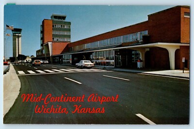 c1960 Wichita Kansas KS Vintage Postcard Mid-Continent Airport Classic Cars Road