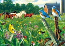 country farm horses spring birds in meadow garden ceramic tile mural backsplash