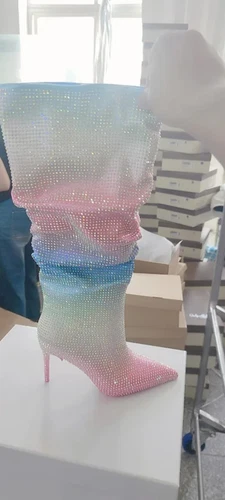 Stivali alti donna ginocchio punta strass tacchi alti scarpe da festa - Foto 2 di 17