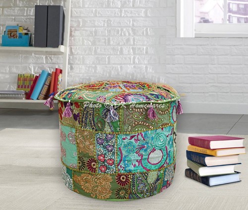 Embroidered Vintage Patchwork Ottoman Pouf Comfortable Cotton Footstool Decor - Picture 60 of 68