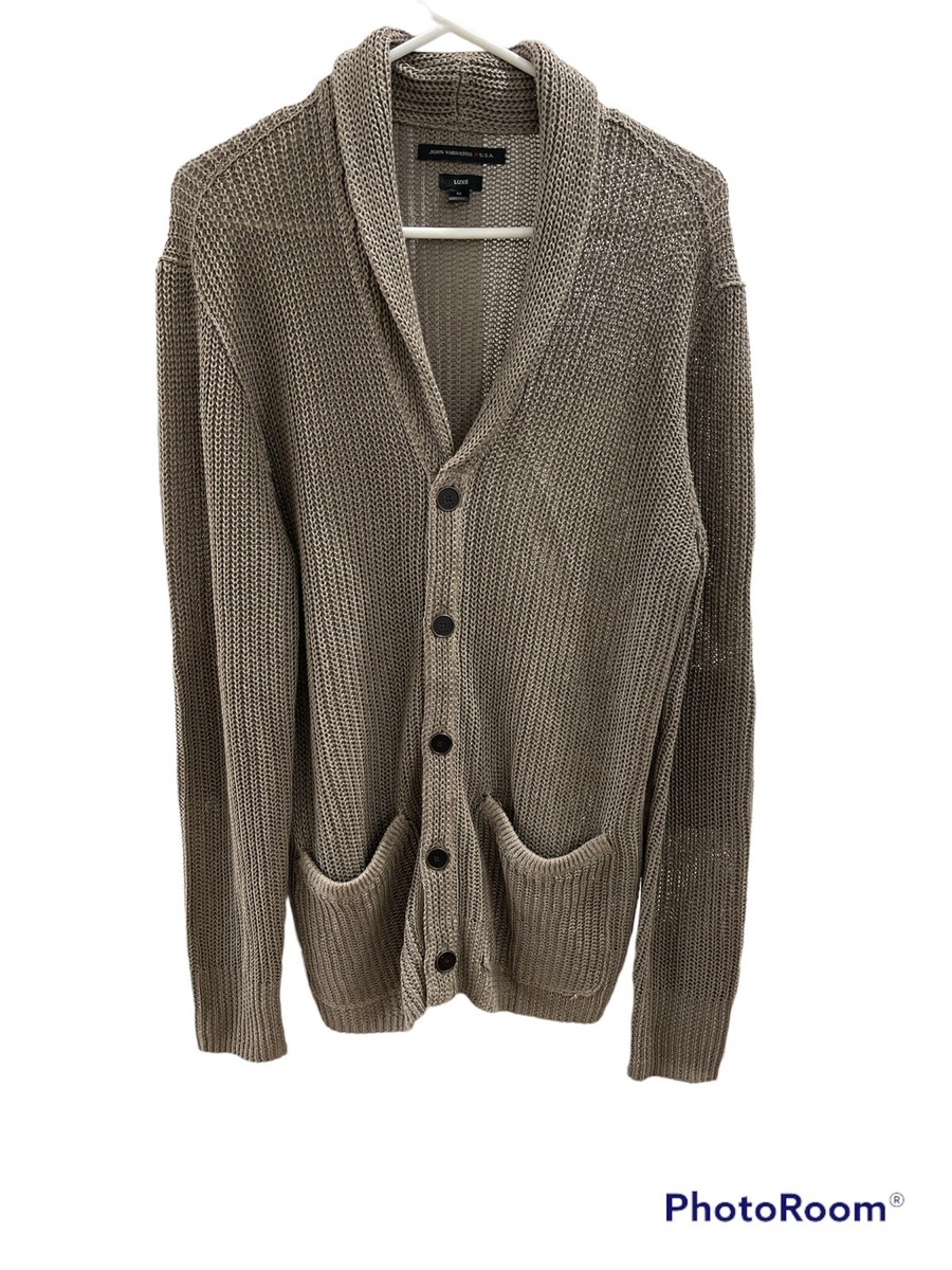 John Varvatos Mens Luxe Brown Beige Button Up Elbow Pads Cardigan 