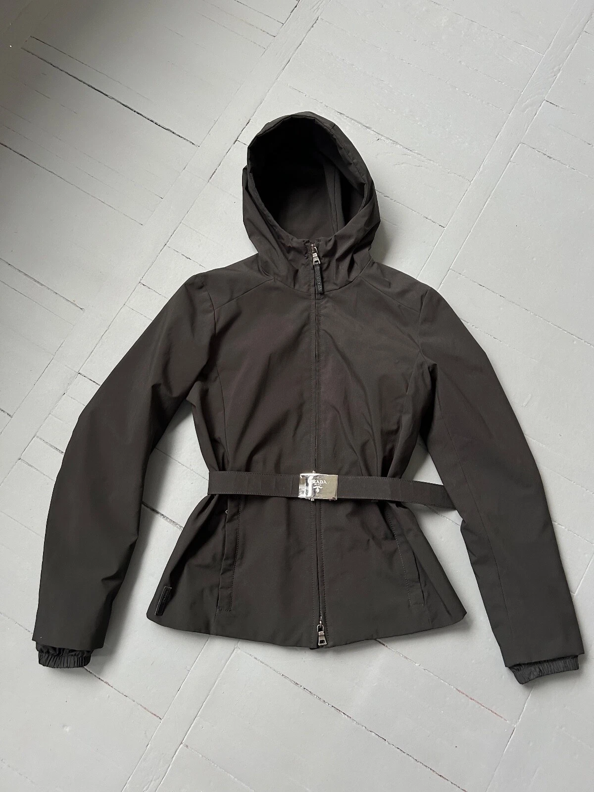 Autentica giacca donna Prada nylon windstopper full zip cintura taglia 40