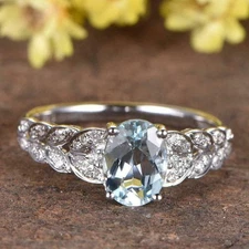 2ct Natural Aquamarine Ring Moissanite Leaf Accent 14k White Gold Plated