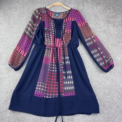 Maeve Anthropologie Size M Boho Blue Lace Up Geometric Drawstring Waist Dress