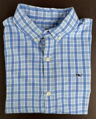 Vineyard Vines Performance Whale Shirt Boys XL  (18) Blue Plaid Cotton Blend