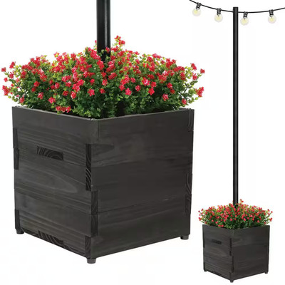 Extra Large 18 In. Black Wooden Planter Box with String Light Pole Sleeve