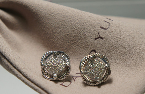 David Yurman 925 Silver Diamond Pave' Infinity 585 Post Stud Earrings DY Pouch