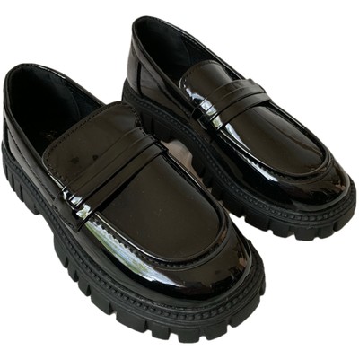 Jiaomei Womens Black Lug Sole Loafers Faux Patent Leather Preppy Sz 36 US 5.5/6