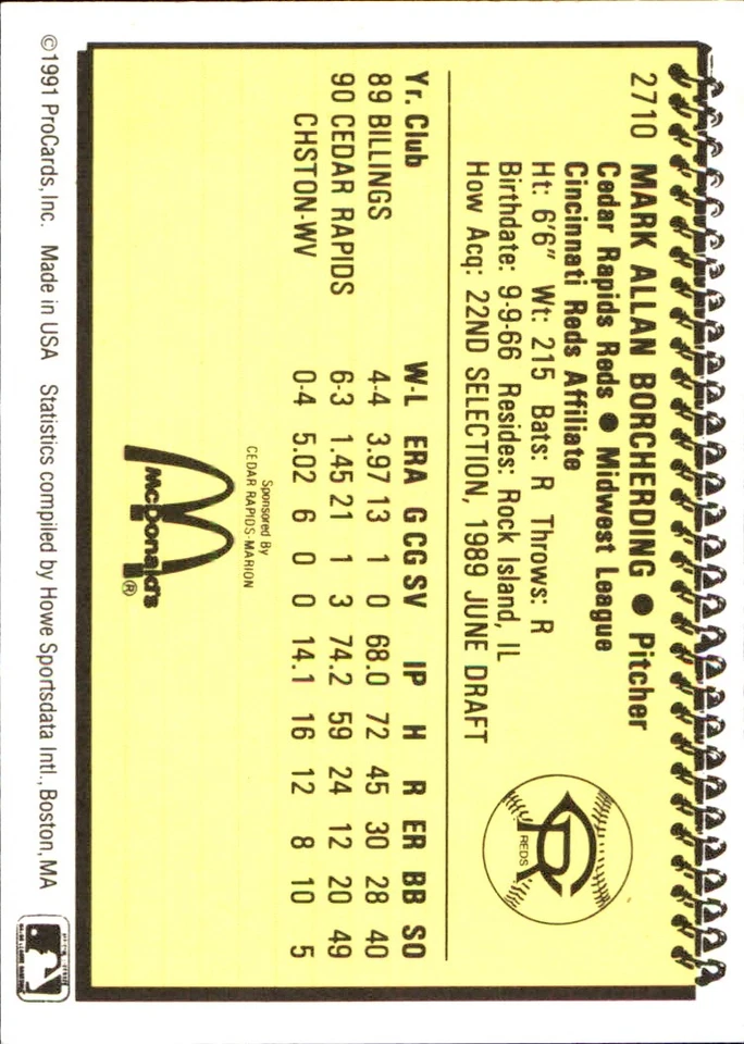 Mark Borcherding 1991 ProCards #2710 RC FREE SHIPPING AutographDen - Image 2 of 2